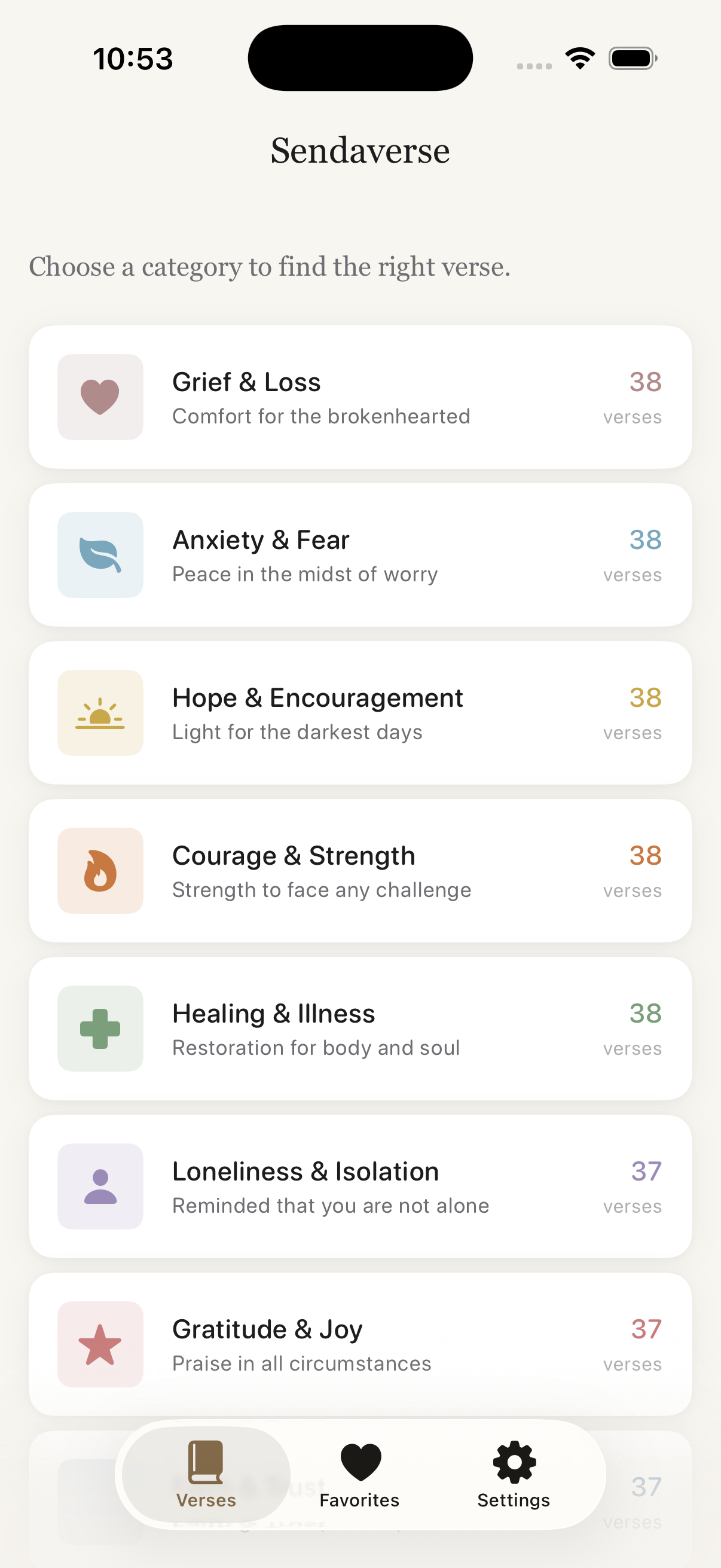 Sendaverse home screen showing verse categories